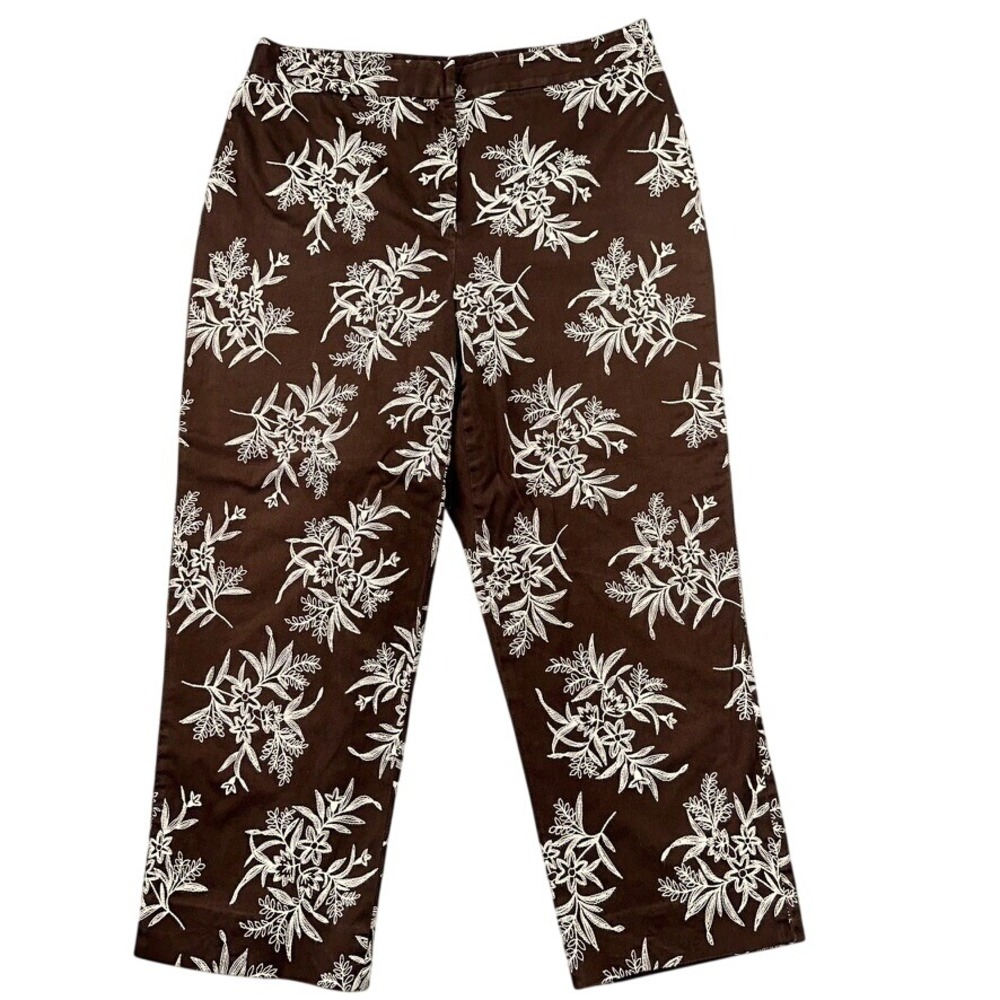 Jones New York Signature Pants‎ Women 12 Brown White Floral Embroidered Cottage